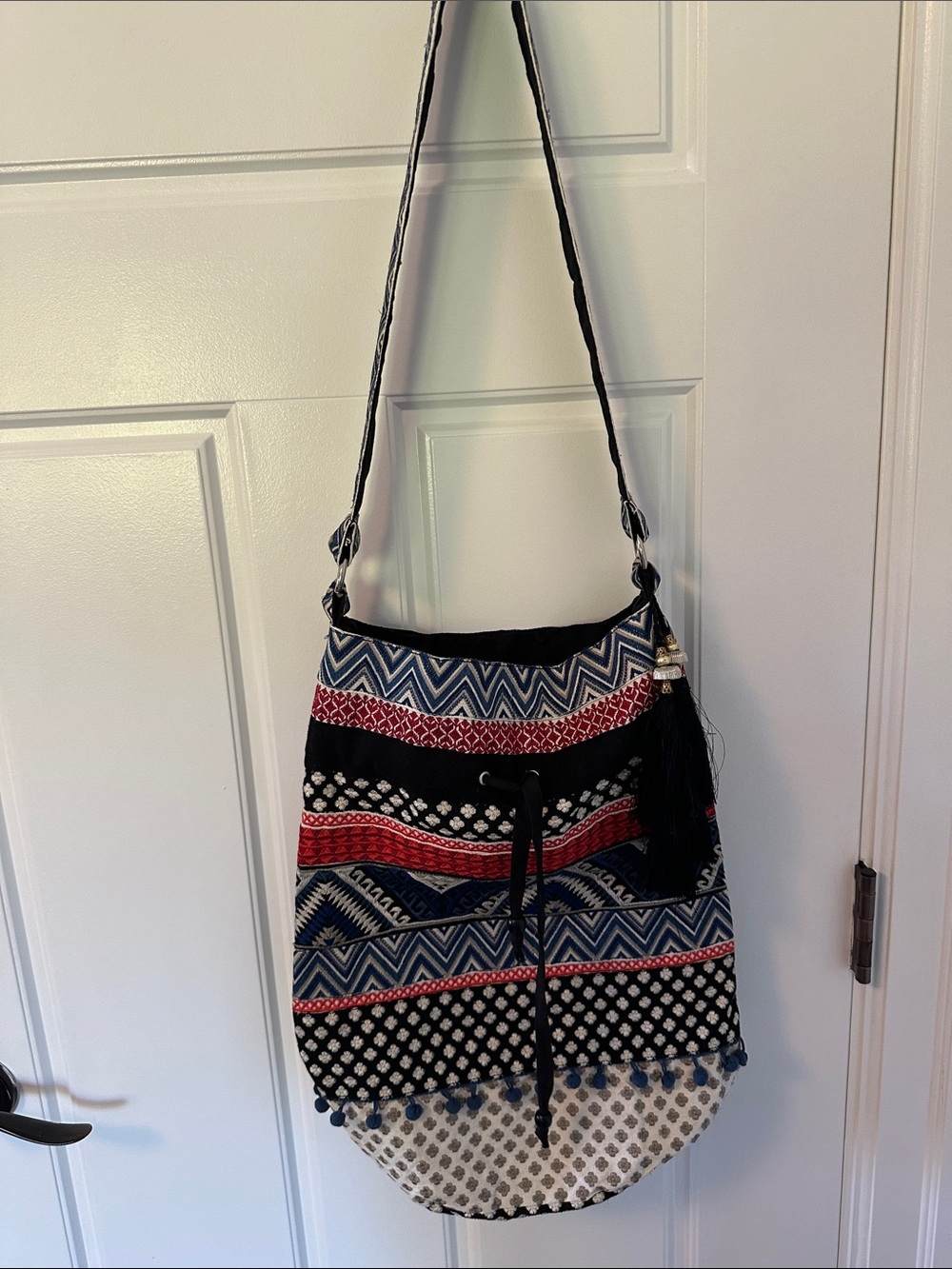 Boho Striped Drawstring Shoulder Bag in Black, Red & Blue